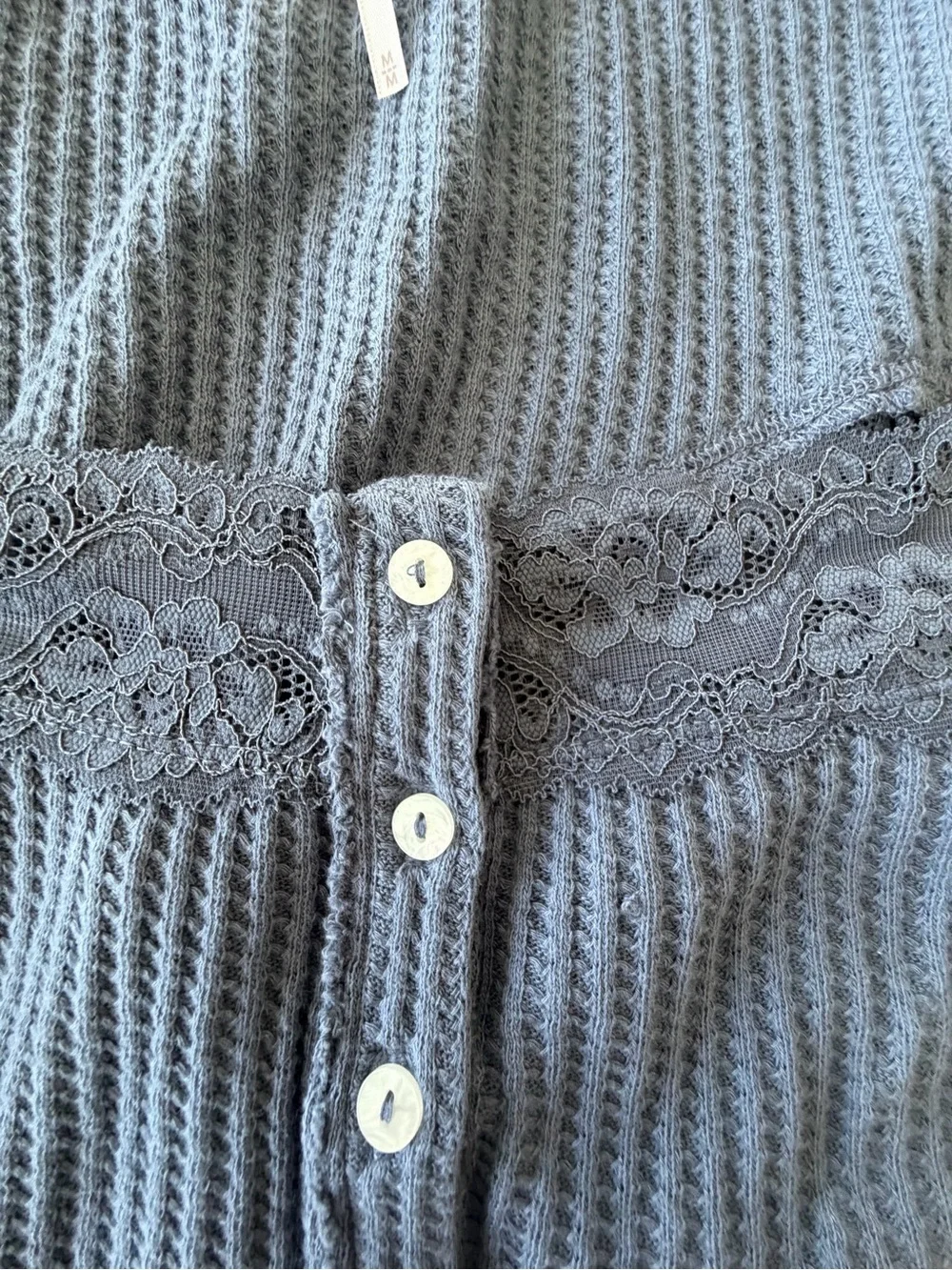 Free people waffle Knit Lace Trim Button-Up Top in Dusty Blue! M